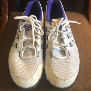 Men’s 12 adidas white and purple athletic shoes